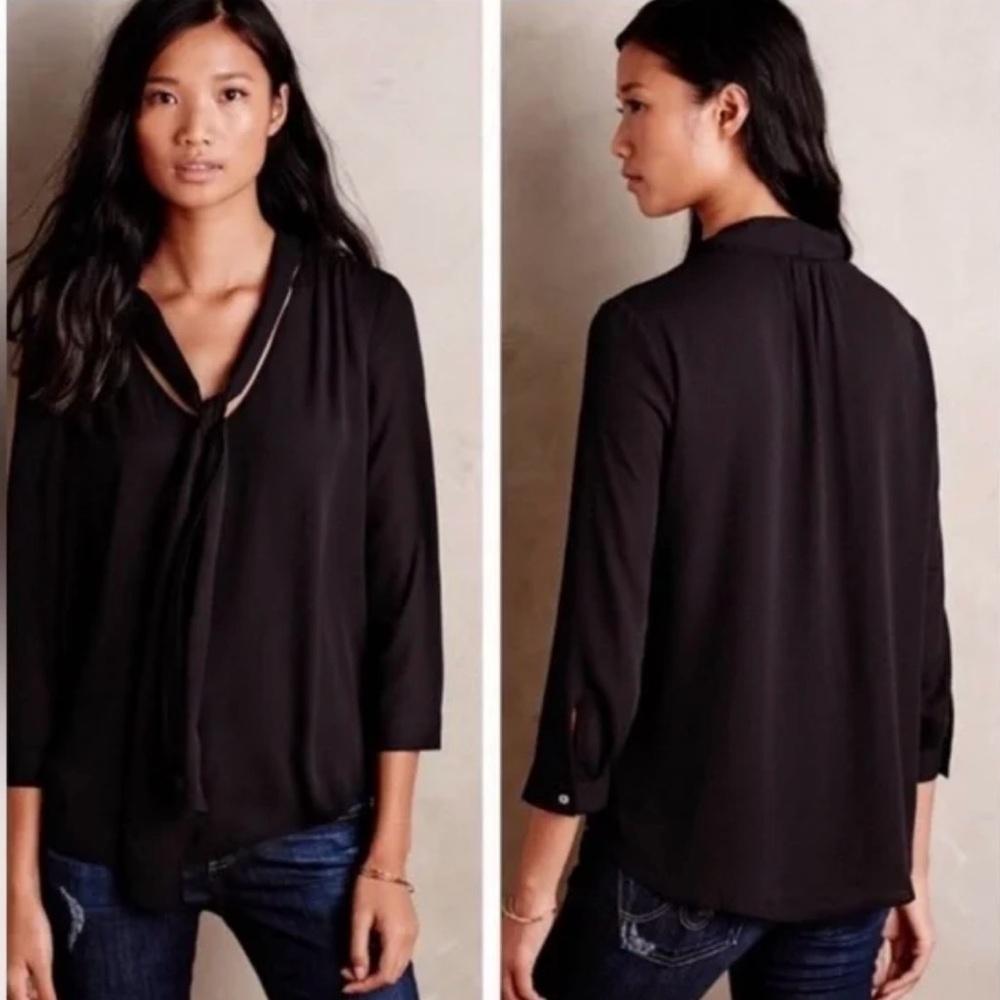 Anthropologie HD in Paris Astral Tie Neck Black Chiffon Blouse size 4